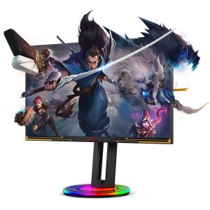 PC Monitor with League of Legends characters appearing to emerge from the screen .